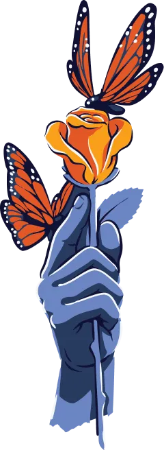 A hand holding an orange rose with two butterflies