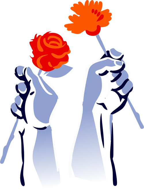 Two hands holding red and orange flowers