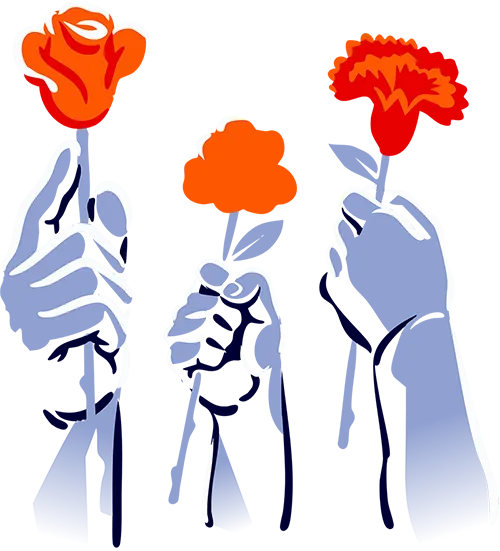 Three hands holding red and orange flowers